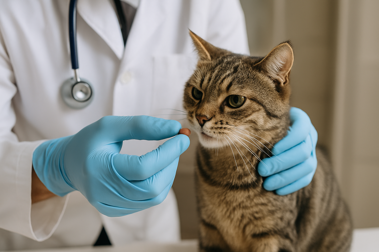 photographic veterinarian giving a brown round very small gel tablet to a cat-1